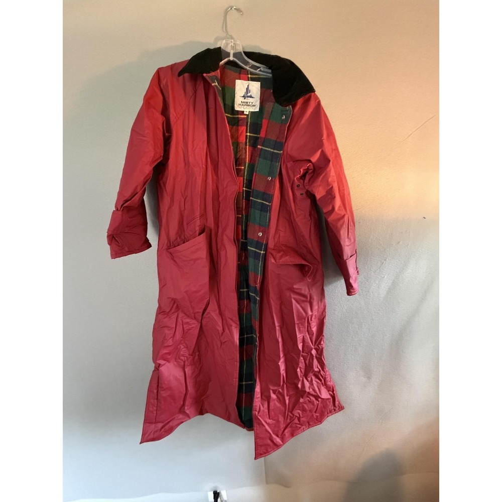 Misty Harbor Coat Womens Medium Red PVC Plaid Lined Snap Front Long Raincoat